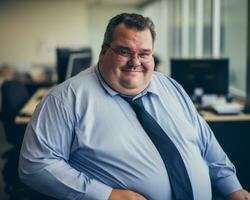 a man in a blue shirt and tie sitting in an office generative ai photo