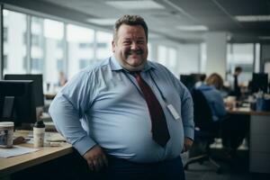 a man in a blue shirt and tie standing in an office generative ai photo