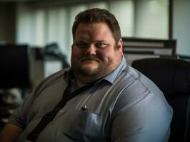 a man in a blue shirt and tie sitting in front of a computer generative ai photo