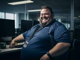 a man in a blue shirt sitting at a desk generative ai photo