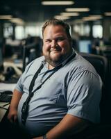 a man in a blue shirt sitting at a desk generative ai photo