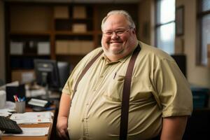 a man in a brown shirt and suspenders standing in front of a desk generative ai photo
