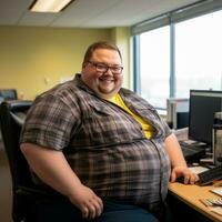a man in a plaid shirt sitting at a desk in front of a computer generative ai photo