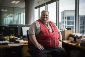 a man in a red vest sitting at an office desk generative ai photo