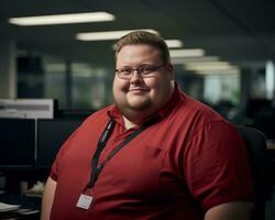 a man in a red shirt sitting at a desk generative ai photo