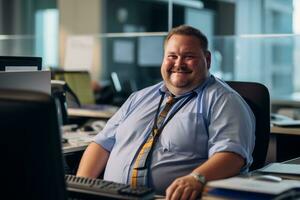 a man in a shirt and tie sitting at a desk in front of a computer generative ai photo