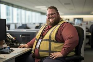 a man in a safety vest sitting at a desk in an office generative ai photo