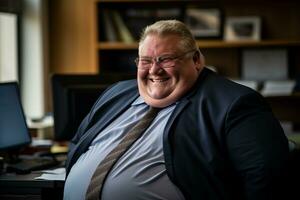 a man in a suit and tie sitting in front of a computer generative ai photo