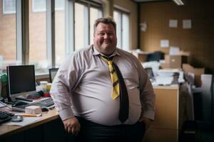 a man in a tie and shirt standing in front of a desk generative ai photo