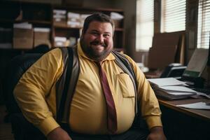 a man in a yellow shirt and tie sitting in an office generative ai photo