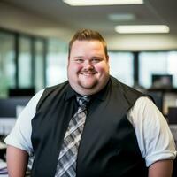 a man in an office wearing a black shirt and a tie generative ai photo