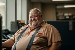 a man in an orange shirt and suspenders sitting at a desk generative ai photo
