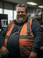 a man in an orange vest sitting in an office generative ai photo