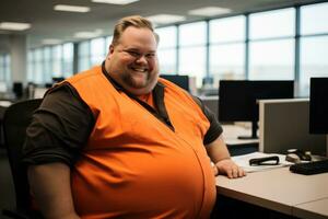 a man in an orange shirt sitting at a desk generative ai photo