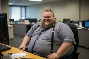 a man in suspenders sitting at a desk in front of a computer generative ai photo