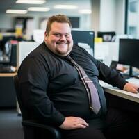 a man wearing a black shirt and tie sitting at a desk generative ai photo