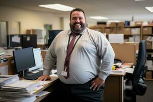 a man wearing a tie standing in front of a desk generative ai photo