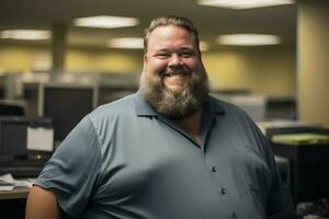 a man with a beard and a blue shirt in an office generative ai photo