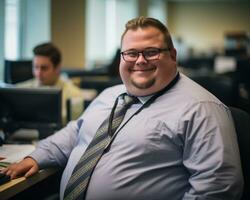 a man wearing glasses and a tie sitting at a desk generative ai photo