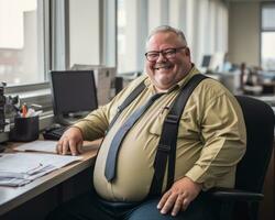 a man wearing suspenders and a tie sitting at a desk generative ai photo