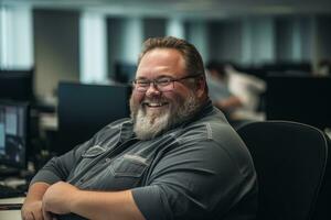 a man with a beard and glasses sitting at a desk generative ai photo