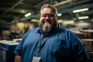 a man with a beard and glasses standing in a warehouse generative ai photo