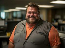 a man with a beard and orange shirt in an office generative ai photo