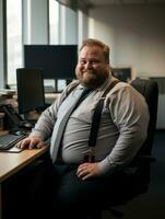 a man with a beard and suspenders sitting at a desk generative ai photo