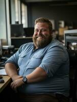 un hombre con un barba sentado a un escritorio en un oficina generativo ai foto