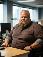 a man with a beard sitting at a desk in front of a computer generative ai photo