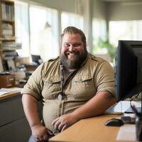 a man with a beard sitting at a desk in front of a computer generative ai photo
