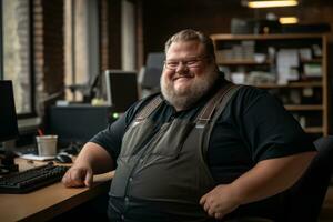 a man with a beard sitting at a desk in front of a computer generative ai photo