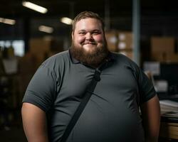 a man with a big beard standing in a warehouse generative ai photo