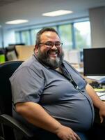 a man with a big belly sitting at a desk in an office generative ai photo