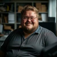 a man with glasses and a beard sitting in front of a computer generative ai photo