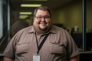 a man with glasses and a brown shirt standing in front of a window generative ai photo