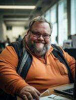 a man with glasses and an orange shirt sitting in front of a laptop generative ai photo