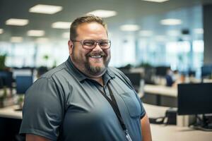 a smiling man in a blue shirt and glasses in an office generative ai photo