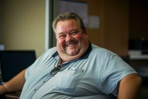 a smiling man in a blue shirt sitting at a desk generative ai photo