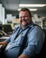 a smiling man in a blue shirt and suspenders sitting at a desk generative ai photo