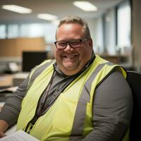 a smiling man in a safety vest sitting at a desk generative ai photo