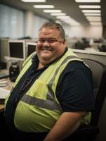 un sonriente hombre en un la seguridad chaleco en un oficina generativo ai foto