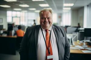 a smiling man in a suit and tie in an office generative ai photo