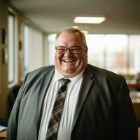 a smiling man in a suit and tie in an office generative ai photo