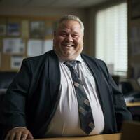 a smiling man in a suit and tie sitting at a desk generative ai photo