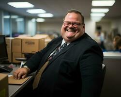 a smiling man in a suit and tie sitting at a desk generative ai photo