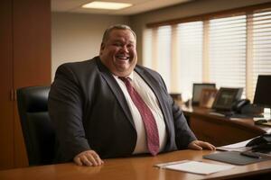 a smiling man in a suit and tie sitting at a desk generative ai photo