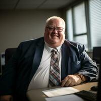 a smiling man in a suit and tie sitting at a desk generative ai photo