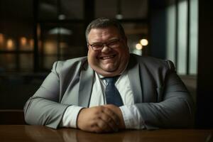 a smiling man in a suit and tie sitting at a table generative ai photo