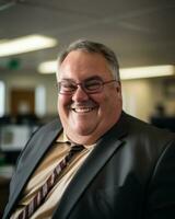 a smiling man in a suit and tie sitting in an office generative ai photo
